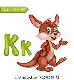 Animal Alphabet. K is for Kangaroo. Vector Illustration of a Happy Kangaroo. Cute Cartoon Kangaroo Isolated on a White Background. Happy Animals Set