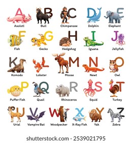 Animal alphabet for kids education. ABC poster with animals like axolotl, gecko, and owl for each letter. Vector cartoon illustration