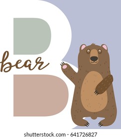 Animal alphabet for kids. Letter B with cartoon style bear