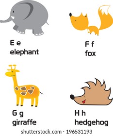 animal alphabet for kids letters e,f,g,h on white background