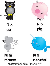 animal alphabet for kids set of four letters o,p,m,n on white background