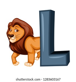 Animal Alphabet. L is for Lion. Vector Illustration of a Happy Lion. Beautiful Cartoon Lion Isolated on a White Background. Happy Animals Set