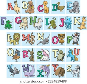 Animal alphabet for learning letter sound. Cute A-Z illustrated vector set.