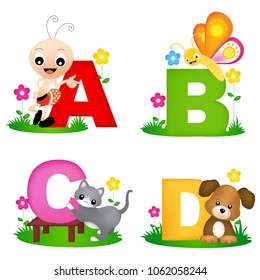 Animal alphabet letter A, B , C, D with cute animals, ant , butterfly, cat and dog