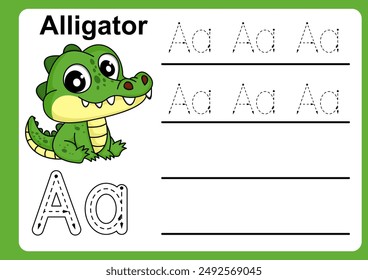 Animal Alphabet Letter A for Alligator. colorful ABC alphabet trace practice worksheet