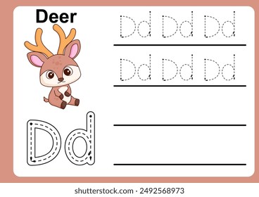 Animal Alphabet Letter D for Deer. colorful ABC alphabet trace practice worksheet