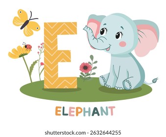 Animal Alphabet Letter E with a cute Elephant, colorful illustration, the word "Elephant" written under the image. Funny cartoon Animal Alphabet Letter E is Elephant