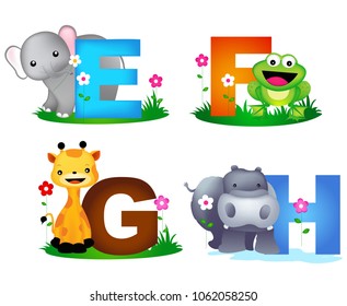 Animal alphabet letter E, F, G, H with cute animals, elephant, giraffe, hippo, and frog