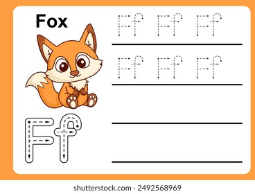 Animal Alphabet Letter F for Fox. colorful ABC alphabet trace practice worksheet