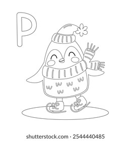 Animal Alphabet Letter P-penguin. Trace and color Penguin for kindergarten and preschool. Vector illustration.