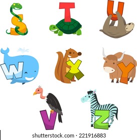 Animal alphabet with letter  snake turtle bear whale squirrel, zebra, vulture, letter s, t, u, w, x, y, v, z