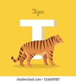 Animal alphabet. Letter - T. Striped tiger stands near letter. Alphabet learning chart with animal illustration for letter and animal name. Vector zoo alphabet with cartoon animal on yellow background