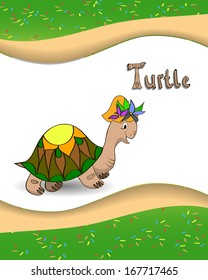 Animal alphabet letter T and turtle with a colored background