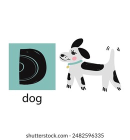 Animal alphabet letters. Cute baby animal letter D with dog. English alphabet for kids. animal cartoon character. Educational flat vector illustration.