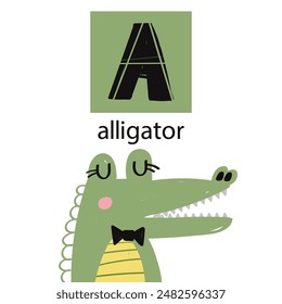 Animal alphabet letters. Cute baby animal letter A with alligator. English alphabet for kids. animal cartoon character. Educational flat vector illustration.