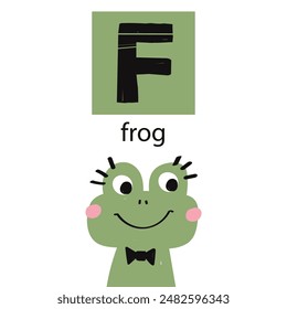 Animal alphabet letters. Cute baby animal letter F with frog. English alphabet for kids. animal cartoon character. Educational flat vector illustration.