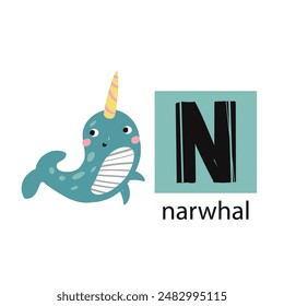 Animal alphabet letters. Cute baby animal letter N with narwhal. English alphabet for kids. animal cartoon character. Educational flat vector illustration.