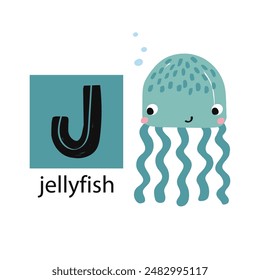 Animal alphabet letters. Cute baby animal letter J with jellyfish. English alphabet for kids. animal cartoon character. Educational flat vector illustration.