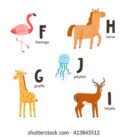 Animal alphabet letters f to j, vector illustrations set