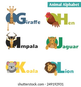 Animal alphabet. Letters G H I J K L Vector Illustration