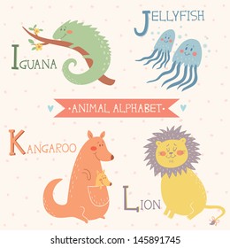 Animal alphabet. Letters I, J, K, L. Iguana, jellyfish, kangaroo, lion.