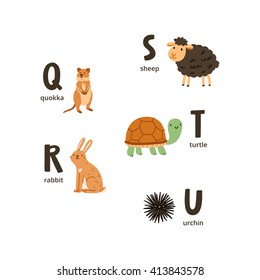 Animal alphabet letters q to u, vector illustrations set