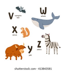 Animal alphabet letters v to z, vector illustration set