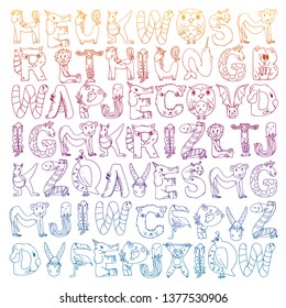 Animal alphabet. Letters from A to Z. Flamingo, giraffe, horse, alligator, bear, cat, dog, elephant