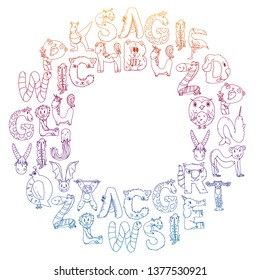 Animal alphabet. Letters from A to Z. Flamingo, giraffe, horse, alligator, bear, cat, dog, elephant