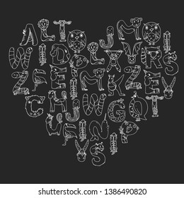 Animal alphabet. Letters from A to Z. Flamingo, giraffe, horse, alligator, bear, cat, dog, elephant