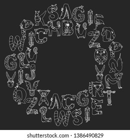 Animal alphabet. Letters from A to Z. Flamingo, giraffe, horse, alligator, bear, cat, dog, elephant
