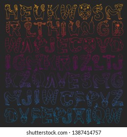 Animal alphabet. Letters from A to Z. Flamingo, giraffe, horse, alligator, bear, cat, dog, elephant