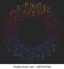 Animal alphabet. Letters from A to Z. Flamingo, giraffe, horse, alligator, bear, cat, dog, elephant
