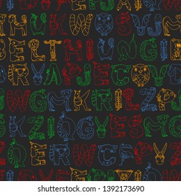Animal alphabet. Letters from A to Z. Flamingo, giraffe, horse, alligator, bear, cat, dog, elephant