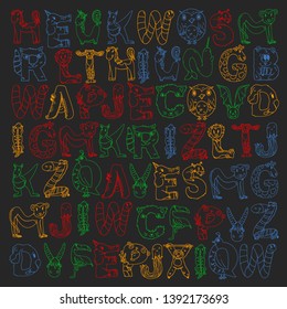 Animal alphabet. Letters from A to Z. Flamingo, giraffe, horse, alligator, bear, cat, dog, elephant