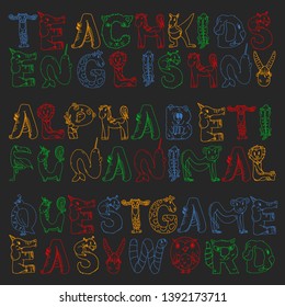 Animal alphabet. Letters from A to Z. Flamingo, giraffe, horse, alligator, bear, cat, dog, elephant