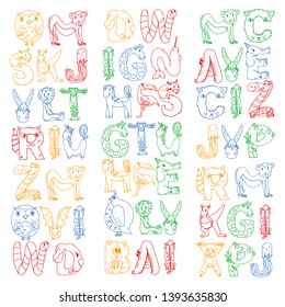 Animal alphabet. Letters from A to Z. Flamingo, giraffe, horse, alligator, bear, cat, dog, elephant