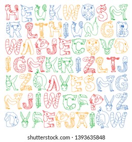 Animal alphabet. Letters from A to Z. Flamingo, giraffe, horse, alligator, bear, cat, dog, elephant