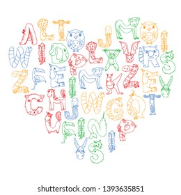 Animal alphabet. Letters from A to Z. Flamingo, giraffe, horse, alligator, bear, cat, dog, elephant