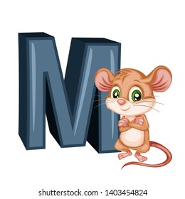 Animal Alphabet. M is for Mouse. Vector Illustration of a Happy Mouse. Cute Cartoon Mouse Isolated on a White Background. Happy Animals Set