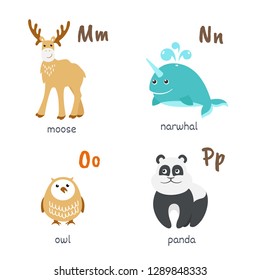 Animal alphabet with moose narwhal owl panda characters