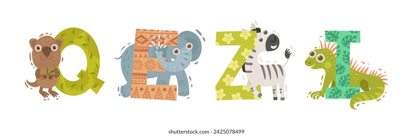 Animal Alphabet with Ornamental Letters and Zoo Creatures Vector Set