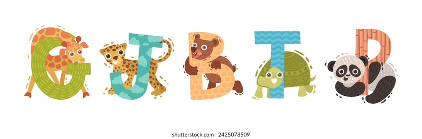 Animal Alphabet with Ornamental Letters and Zoo Creatures Vector Set