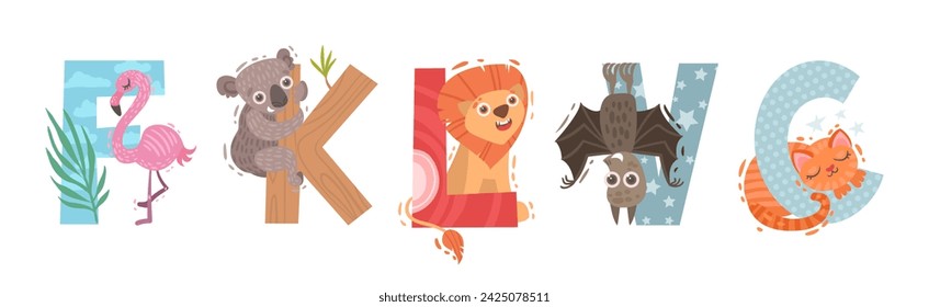 Animal Alphabet with Ornamental Letters and Zoo Creatures Vector Set