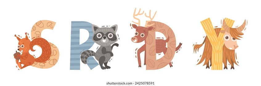 Animal Alphabet with Ornamental Letters and Zoo Creatures Vector Set