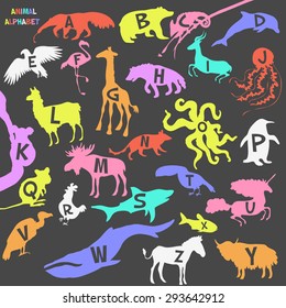 Animal alphabet poster for children. Animal silhouettes with names and letters inside. Poster concept. From a to z . Vector illustration