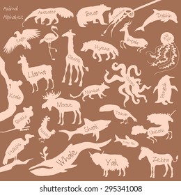 Animal alphabet poster for children. Animal silhouettes with names and letters inside. Poster concept. From a to z . Vector illustration