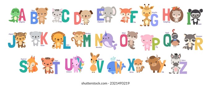 Animal alphabet poster for preschool children. Baby style kawaii animals and capital letters in alphabetical order. Cartoon animals clipart for abc learning. English language fun studying for kids.