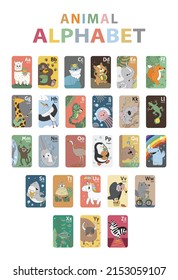 Animal alphabet poster set design. Funny cute kawaii animals ABC letters for kids on cards. Vertical poster for teaching at school, kindergarten. Decoration for the children's room. Baby illustration