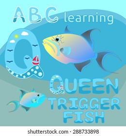 Animal alphabet Q letter Queen triggerfish vector Colorful exotic tropical fish Ocean fauna, funny sea life cartoon character Great for illustration, t shirt print, wildlife design ABC background